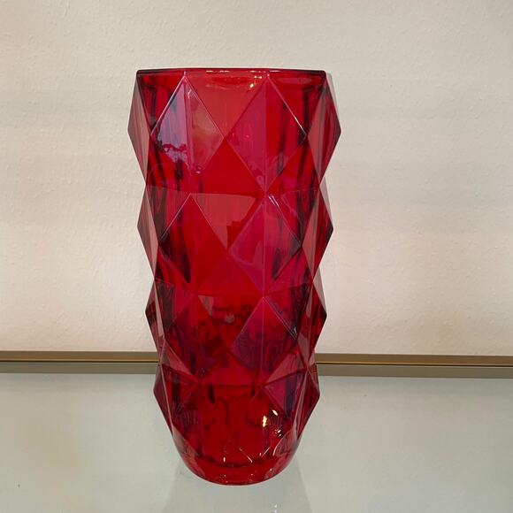 Ruby Red Heavy Glass Vase 11in Geometric Christmas Holiday Valentine NEW - Picture 3 of 14